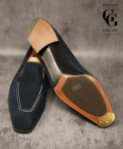 Bespoke Cannes made in Navy suede with white contrast stitch.