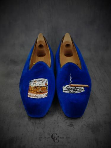 Bespoke Ronald, Royal blue velvet, whiskey and cigar embroidery, french pump construction.