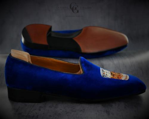 Bespoke Ronald 2, Royal blue velvet, whiskey and cigar embroidery, french pump construction.