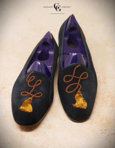 Bespoke navy suede Ronald slipper with gold bullion embroidery.