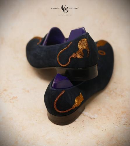 Bespoke navy suede Ronald slipper with gold bullion embroidery back shot.