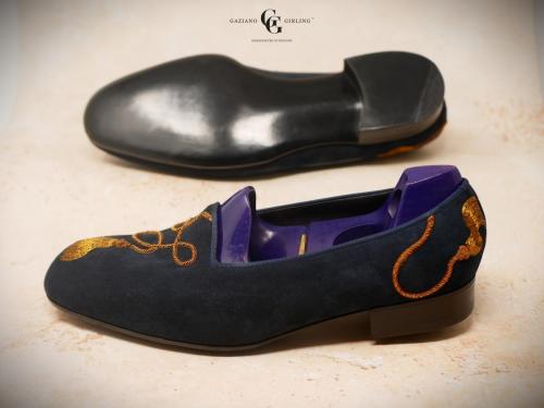 Bespoke navy suede Ronald slipper with gold bullion embroidery side shot
